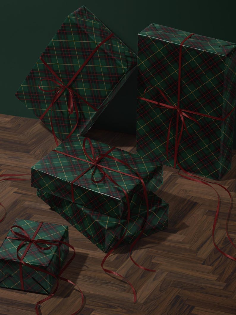 Green plaid wrapping paper for Christmas gifts
Classy dark green Christmas gift wrap with a festive tartan plaid pattern, ideal for elegant holiday style.
Christmas tartan gift wrapping paper in dark green