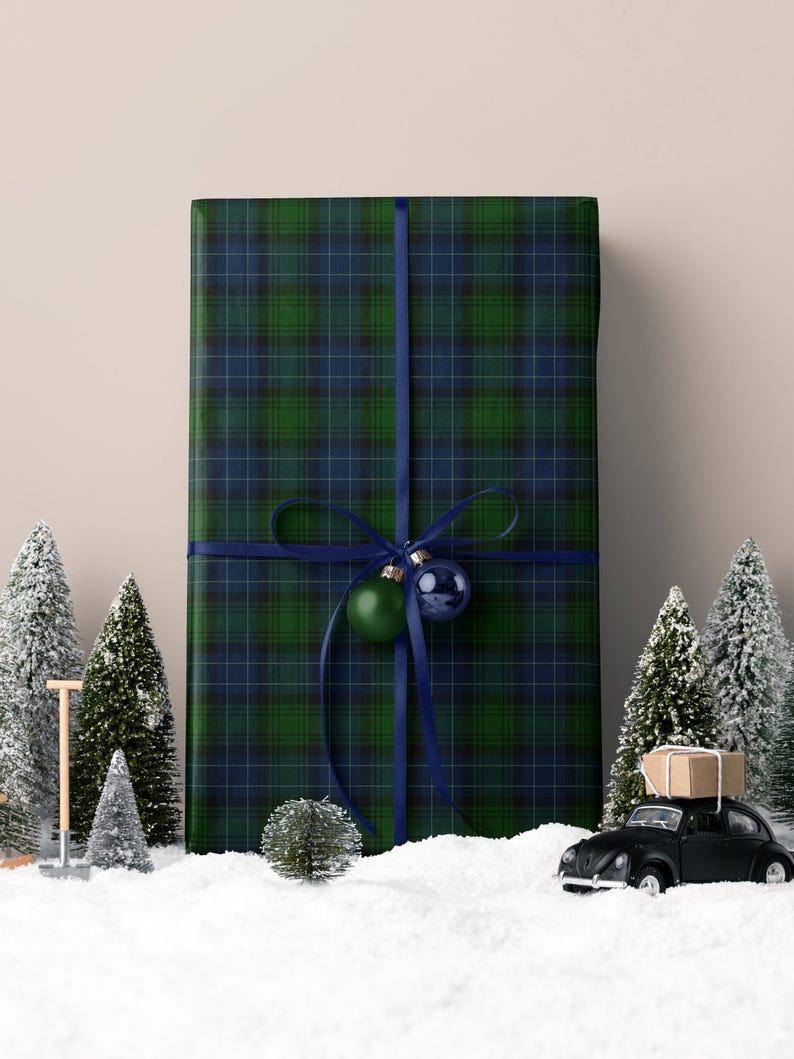 Classic green navy plaid wrapping paper for traditional and elegant holiday packaging