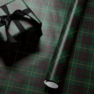 Green Plaid Wrapping Paper Christmas Tartan Gift Wrapping Paper Green Tartan Plaid Paper Christmas Traditional Gift Wrap Classy Dark Green. Christmas tartan gift wrapping paper in dark green plaid, ideal for elegant and timeless holiday packaging.