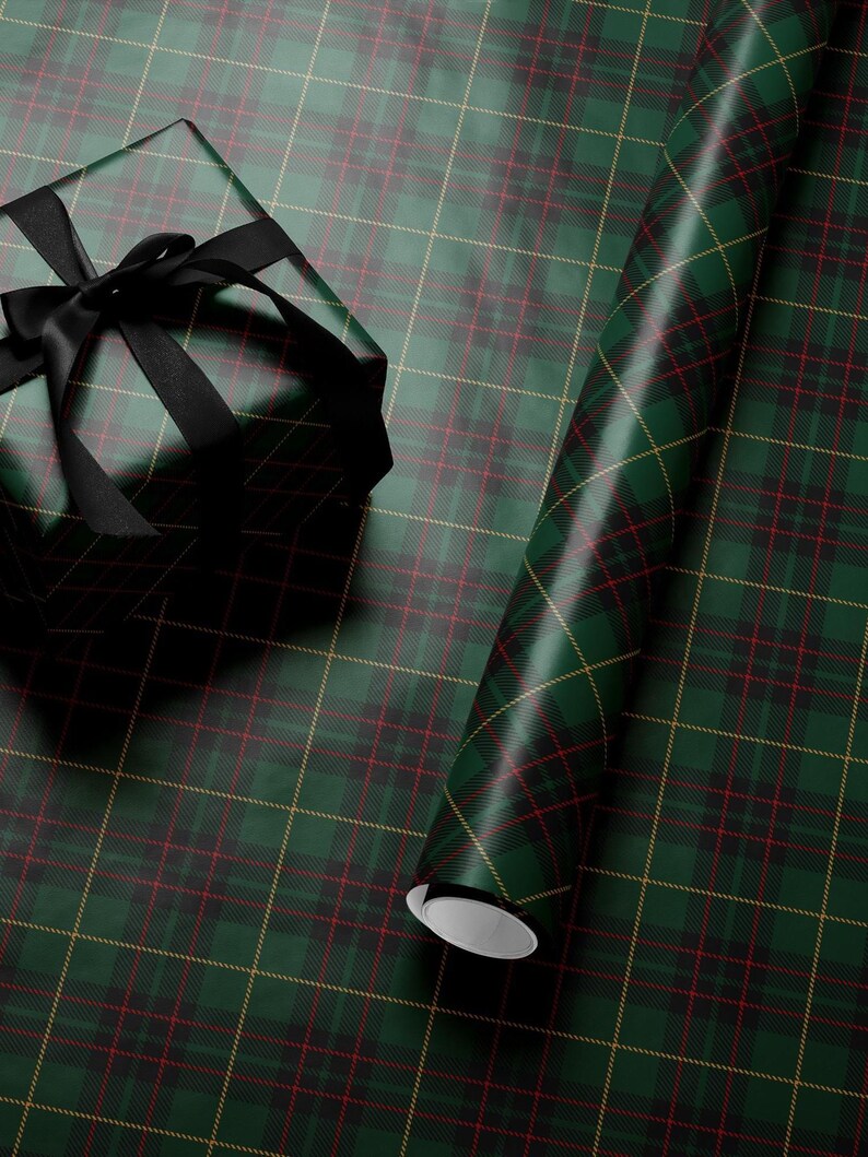 Green Plaid Wrapping Paper Christmas Tartan Gift Wrapping Paper Green Tartan Plaid Paper Christmas Traditional Gift Wrap Classy Dark Green. Christmas tartan gift wrapping paper in dark green plaid, ideal for elegant and timeless holiday packaging.