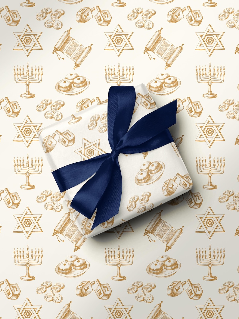 Gold Hanukkah Vintage Wrapping Paper Chanukah Decor Cream Gold Gift Wrap Hanukkah Menorah Decoration Dreidel Wrapping Chanukah Wrapping