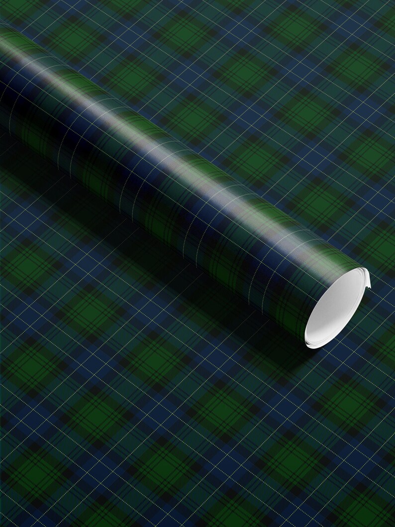 Traditional holiday gift wrap with elegant green navy plaid and tartan details