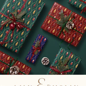 May include: Overhead shot of several wrapped gifts with festive patterns. The gifts are wrapped in green, red, and blue paper, adorned with ribbons, pine sprigs, and ornaments. The gifts are arranged on a dark green surface. The text "LILY & HOLLY" is at the bottom.