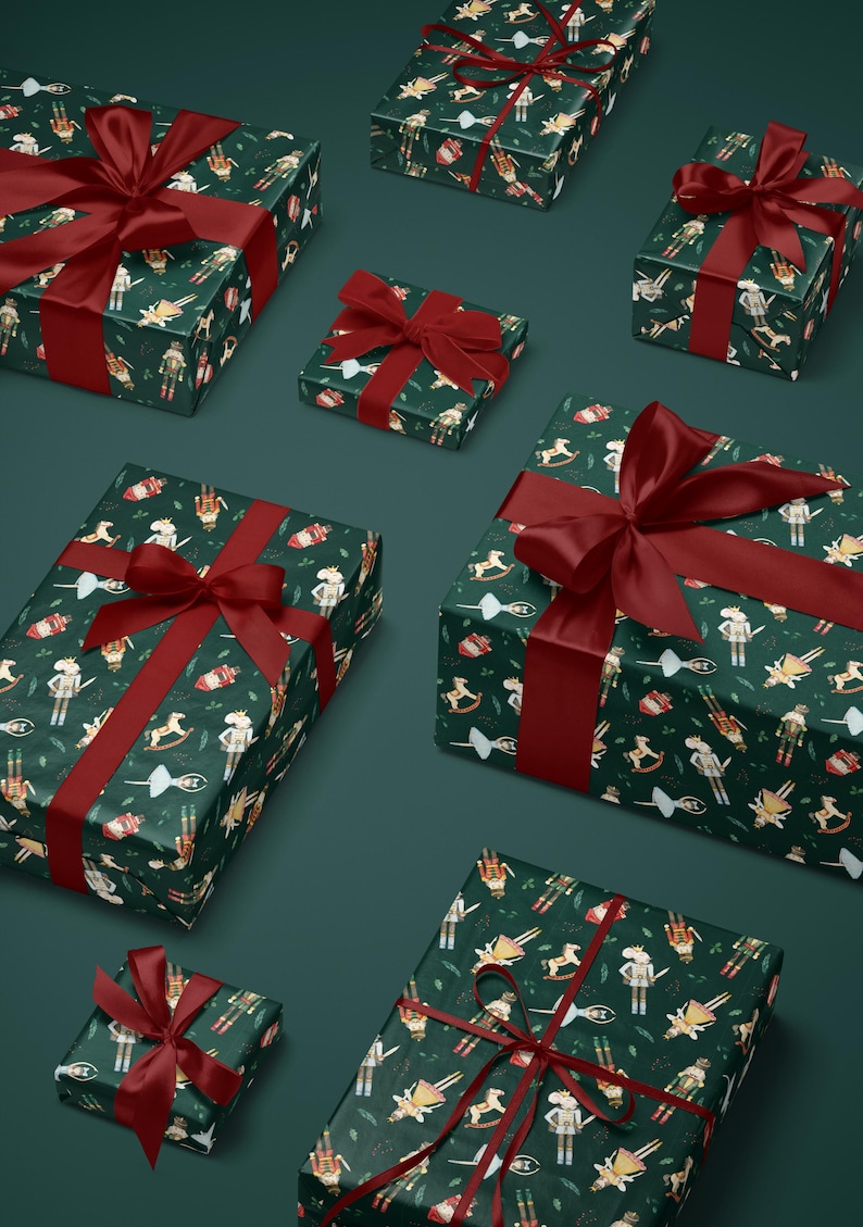 Festive holiday wrapping paper with nutcracker characters in vintage style