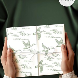 Green White Toile Wrapping Paper featuring an elegant mallard duck pattern.