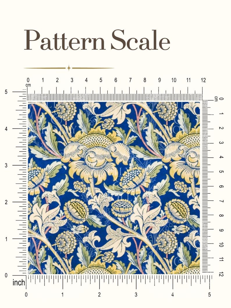 May include: A fabric pattern featuring a repeating floral design with yellow and cream-colored blossoms and green leaves on a deep blue background. The image includes a ruler showing a scale of 5 inches by 5 inches for the pattern repeat.