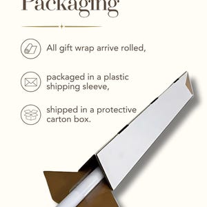 May include: Image showing packaging details. Text reads: "Packaging." Gift wrap arrives rolled, packaged in a plastic shipping sleeve, and shipped in a protective carton box. The image shows a white and brown carton box.