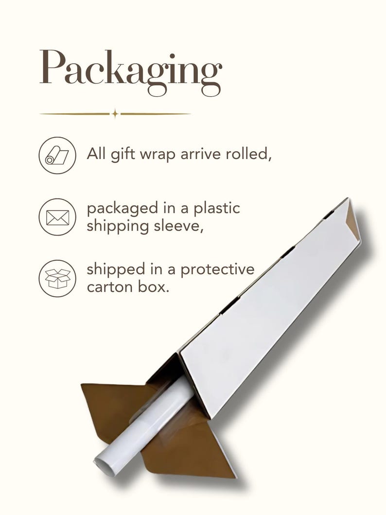 May include: Image showing packaging details. Text reads: "Packaging." Gift wrap arrives rolled, packaged in a plastic shipping sleeve, and shipped in a protective carton box. The image shows a white and brown carton box.