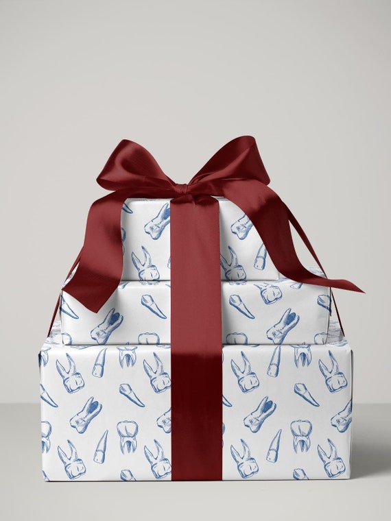 Dentist Gift Wrapping Paper Blue Toile Teeth Gift Wrapping Paper Preppy Blue Wrapping Paper Dentist Birthday Gift Wrapping Paper Tooth Gift