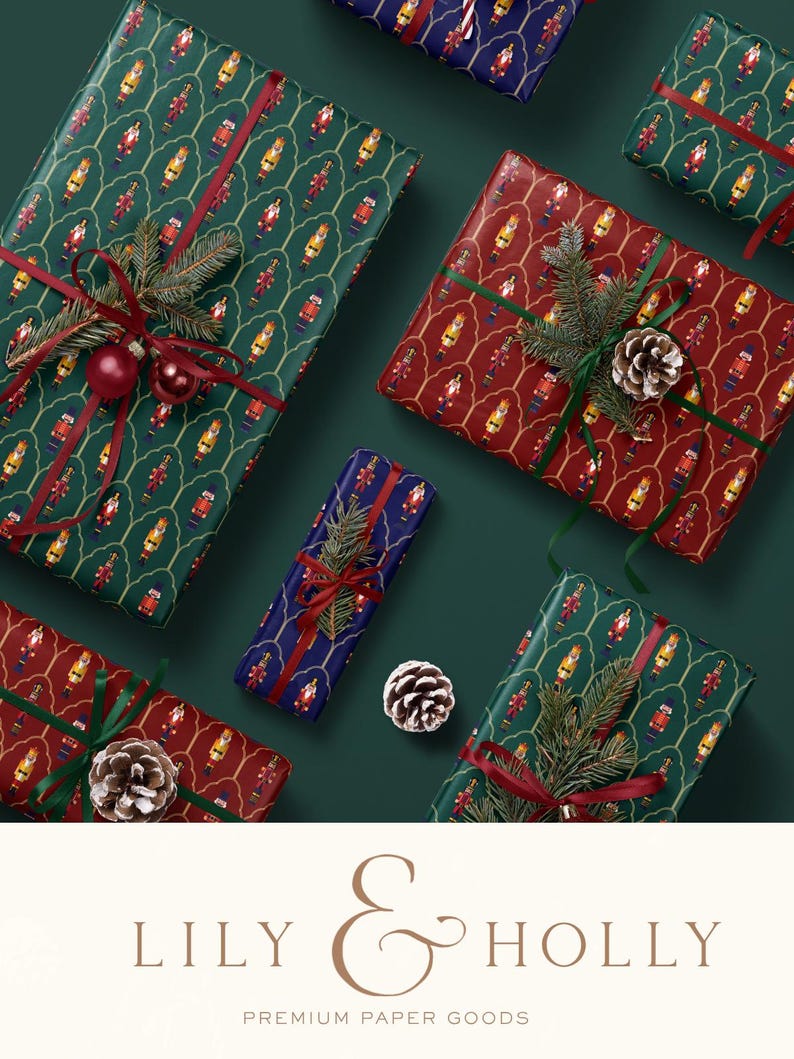 May include: Overhead shot of several wrapped gifts with festive patterns. The gifts are wrapped in green, red, and blue paper, adorned with ribbons, pine sprigs, and ornaments. The gifts are arranged on a dark green surface. The text "LILY & HOLLY" is at the bottom.