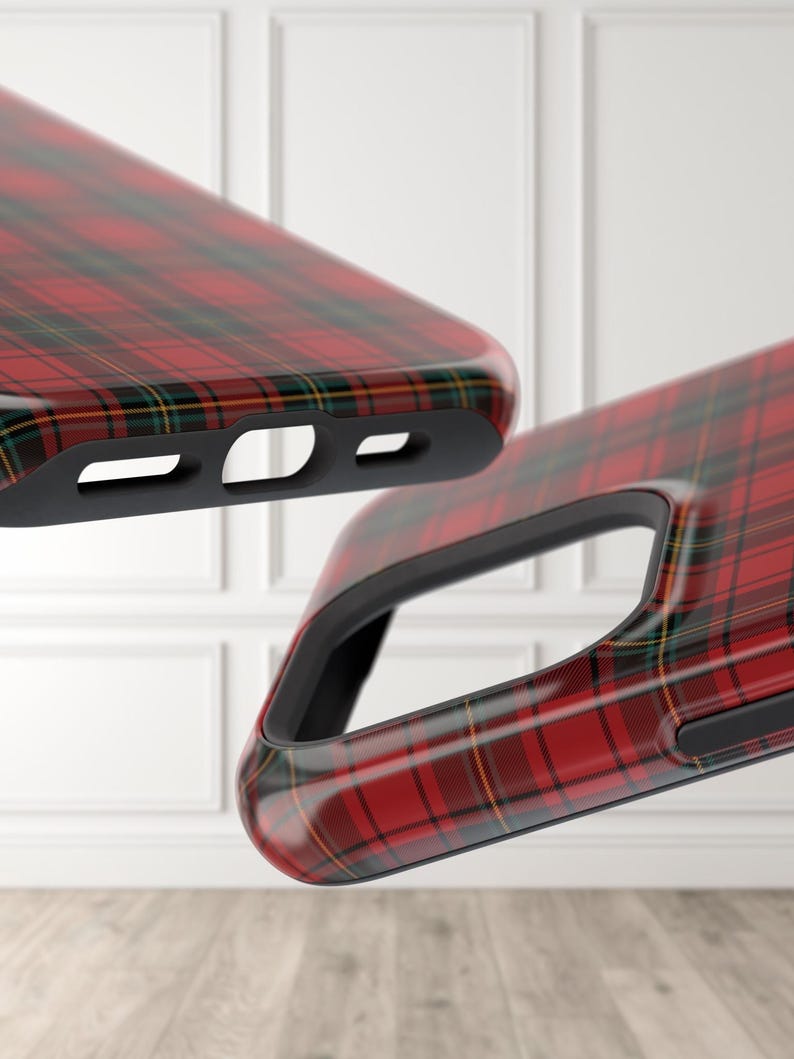 Christmas iPhone Case with red tartan plaid design, perfect for iPhone 16 Pro Max