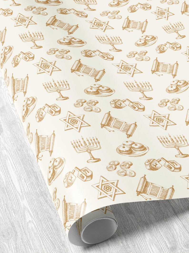 Gold Hanukkah Vintage Wrapping Paper Chanukah Decor Cream Gold Gift Wrap Hanukkah Menorah Decoration Dreidel Wrapping Chanukah Wrapping