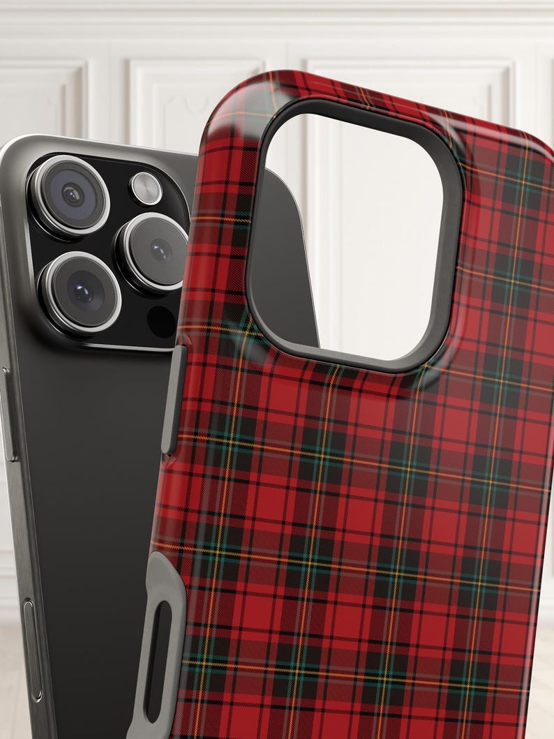 Phone Checkered Designer iPhone 16 Plus Case with red plaid Christmas pattern
