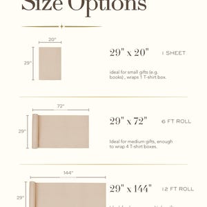 May include: Image showing size options for wrapping paper. The text reads "Size Options" at the top. There are three size options: 29" x 20", 29" x 72", and 29" x 144". Each option is displayed with a visual representation of the paper.