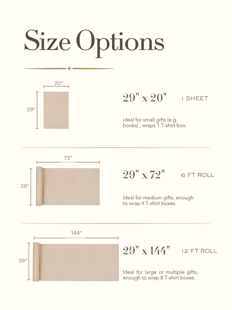 May include: Image showing size options for wrapping paper. The text reads "Size Options" at the top. There are three size options: 29" x 20", 29" x 72", and 29" x 144". Each option is displayed with a visual representation of the paper.