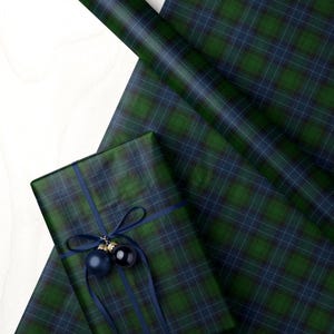 Navy and green tartan plaid wrapping paper for sophisticated Christmas gift wrap