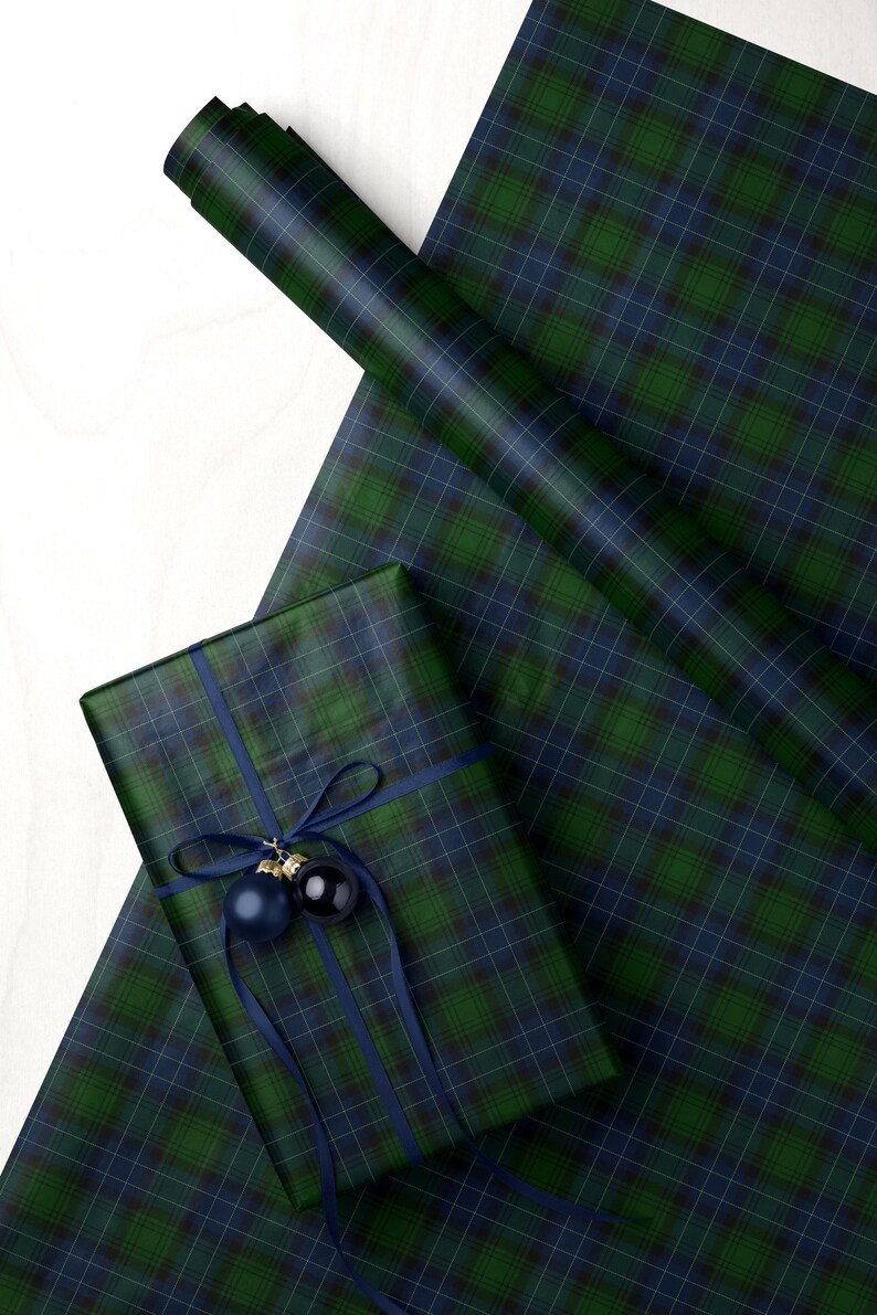 Navy and green tartan plaid wrapping paper for sophisticated Christmas gift wrap