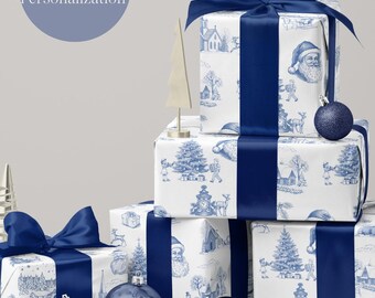 Personalized Toile Christmas Wrapping Paper Toile Custom Gift Wrap Blue Toile Santa Christmas Wrapping Paper Custom Gift Wrapping Paper Roll