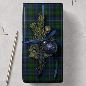 Elegant Christmas decor wrapping paper in green navy tartan plaid style