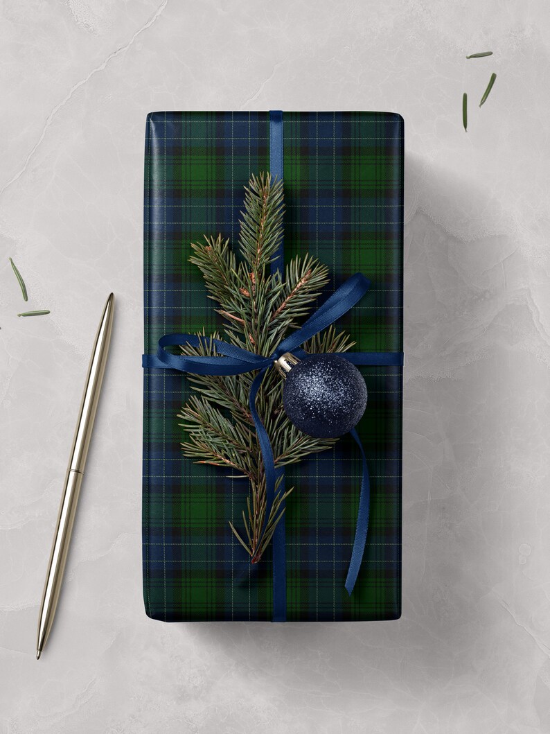 Elegant Christmas decor wrapping paper in green navy tartan plaid style