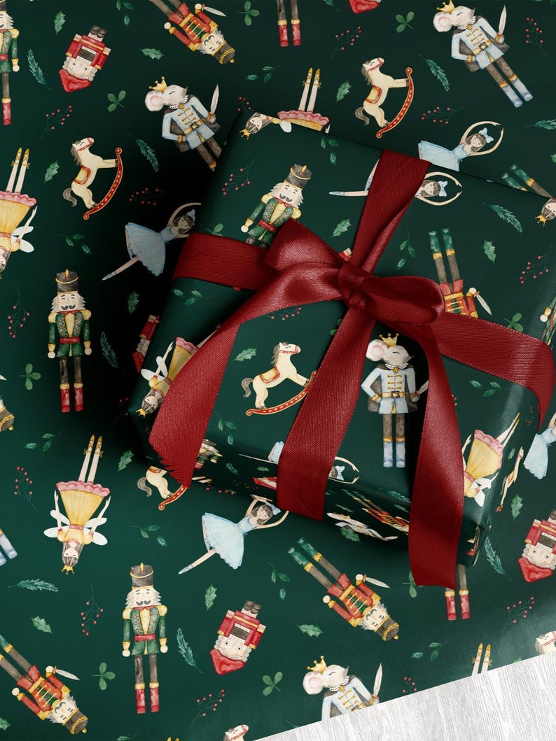Classic Christmas gift wrap roll with nutcracker ballet motifs