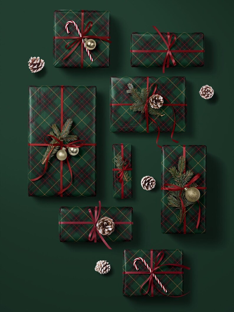Classic Christmas tartan plaid wrapping paper green
Dark green plaid gift wrap for Christmas presents
Green plaid wrapping paper with a traditional Christmas tartan design, perfect for classy holiday gift wrap.