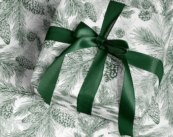 Toile Wrapping Paper Christmas Pine Greenery Wrapping Paper Elegant Christmas Tree Wrapping Paper Illustrated Christmas Paper Gift Wrap Pine