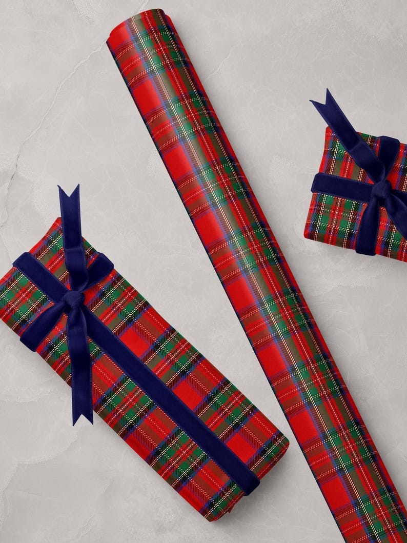 Plaid wrapping paper featuring vintage Christmas plaid and tartan designs, perfect for classic holiday gift wrap.