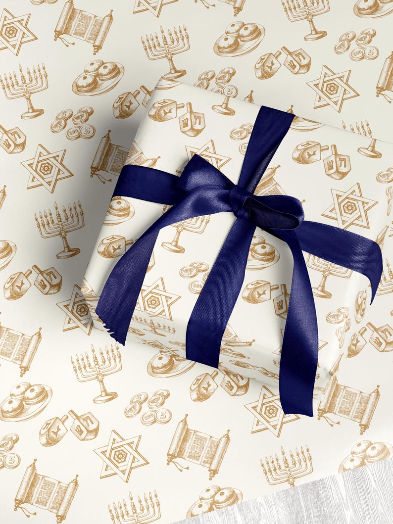 Gold Hanukkah Vintage Wrapping Paper Chanukah Decor Cream Gold Gift Wrap Hanukkah Menorah Decoration Dreidel Wrapping Chanukah Wrapping