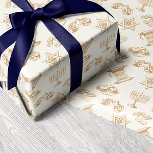 Gold Hanukkah Vintage Wrapping Paper Chanukah Decor Cream Gold Gift Wrap Hanukkah Menorah Decoration Dreidel Wrapping Chanukah Wrapping