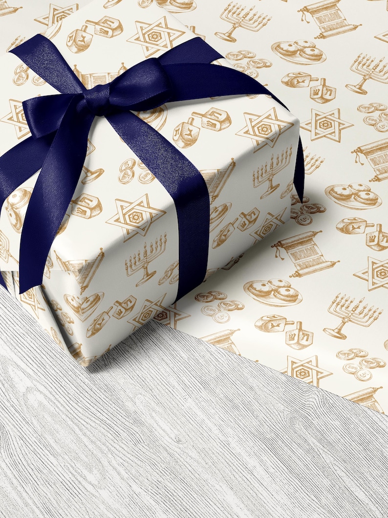 Gold Hanukkah Vintage Wrapping Paper Chanukah Decor Cream Gold Gift Wrap Hanukkah Menorah Decoration Dreidel Wrapping Chanukah Wrapping
