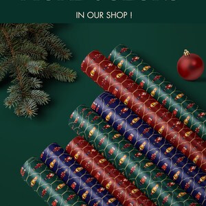 May include: Rolled gift wrap in various colors, including red, green, and blue, with a repeating pattern of toy soldiers. The image also features text that reads "MORE COLORS IN OUR SHOP!" and Christmas ornaments.