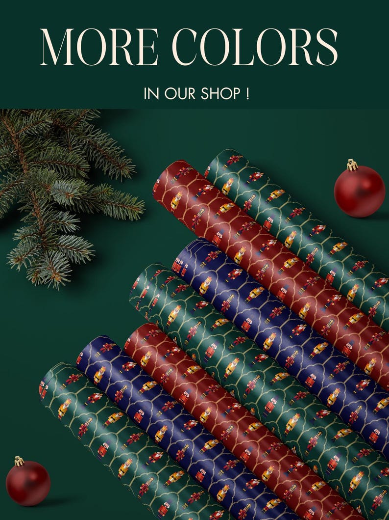 May include: Rolled gift wrap in various colors, including red, green, and blue, with a repeating pattern of toy soldiers. The image also features text that reads "MORE COLORS IN OUR SHOP!" and Christmas ornaments.