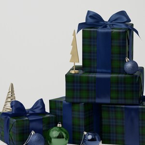 Green and navy plaid tartan Christmas wrapping paper for timeless holiday gifts