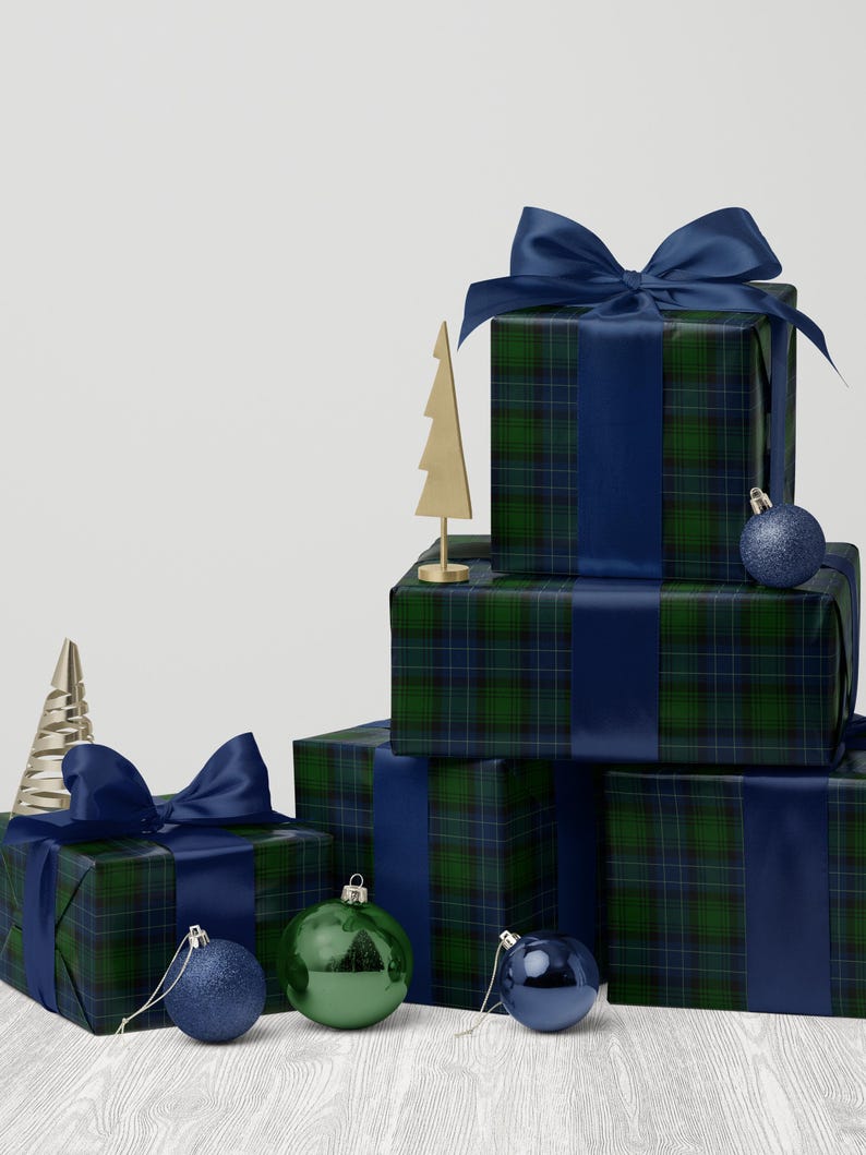 Green and navy plaid tartan Christmas wrapping paper for timeless holiday gifts