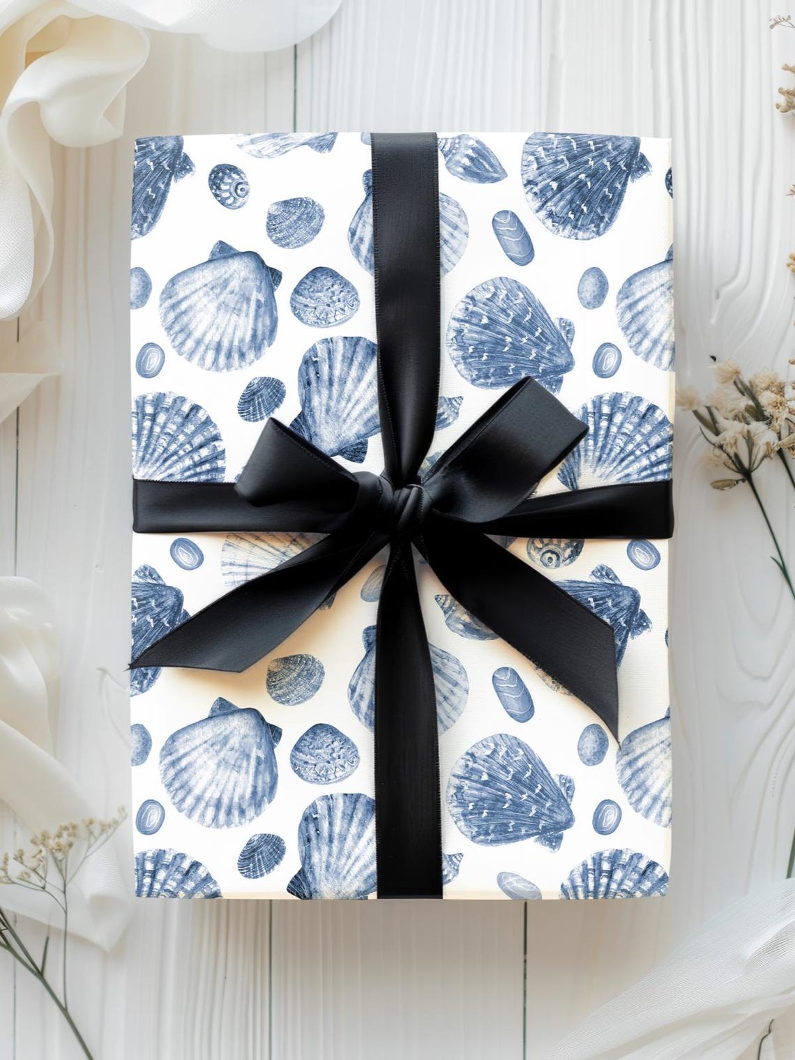 Blue Watercolor Shells Wrapping Paper Elelgant Blue Wrapping Paper ...
