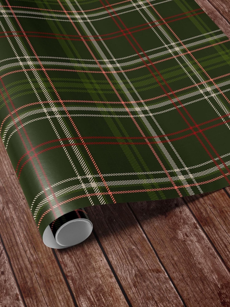 Classic tartan gift wrap featuring green hunter and deer patterns