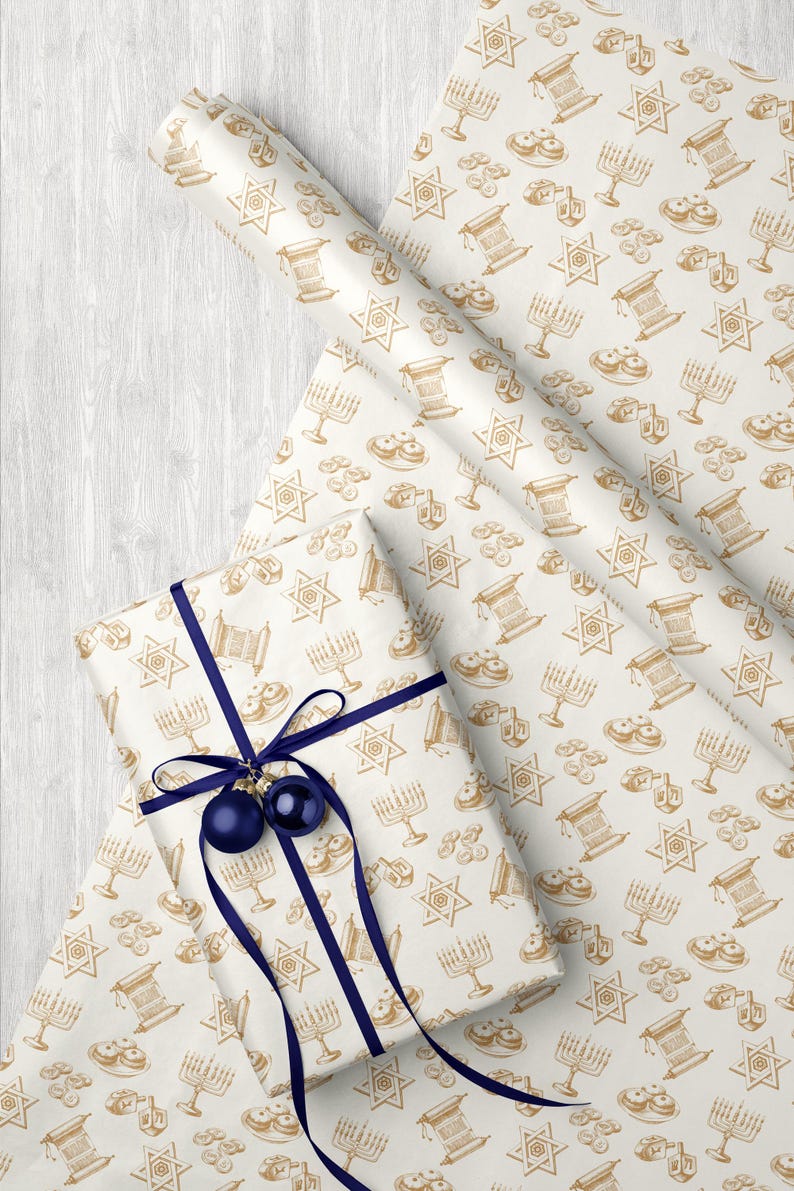 Gold Hanukkah Vintage Wrapping Paper Chanukah Decor Cream Gold Gift Wrap Hanukkah Menorah Decoration Dreidel Wrapping Chanukah Wrapping