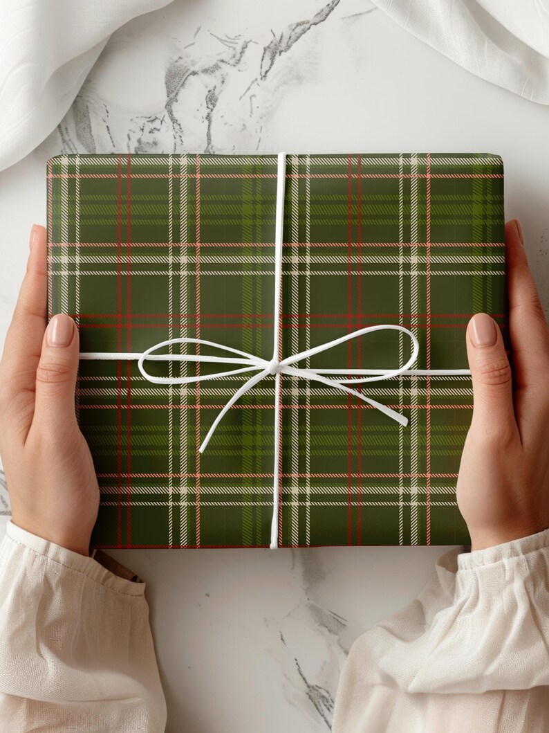 Traditional hunter gift wrap with green tartan and plaid design
