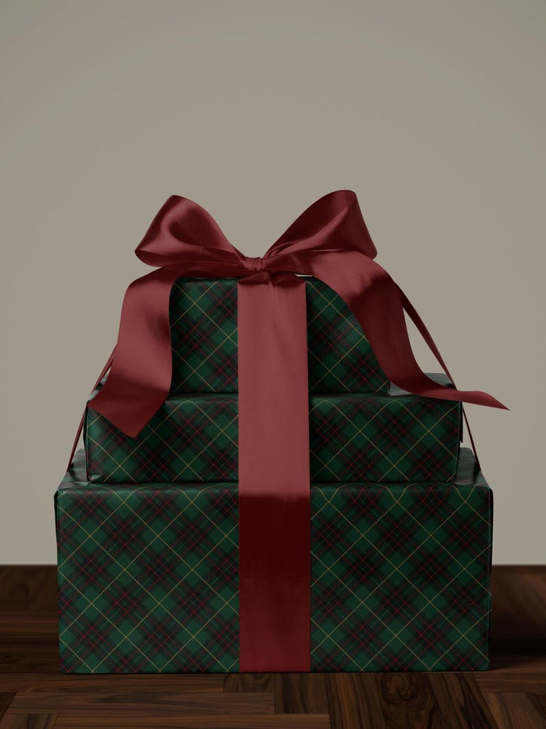 Christmas Traditional Gift Wrap Classy Dark Green. Traditional gift wrap in green tartan plaid, perfect for a timeless and cozy Christmas presentation.
