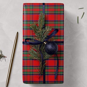 Vintage Christmas plaid tartan gift wrap in royal steward classic red, ideal for festive and preppy packaging.