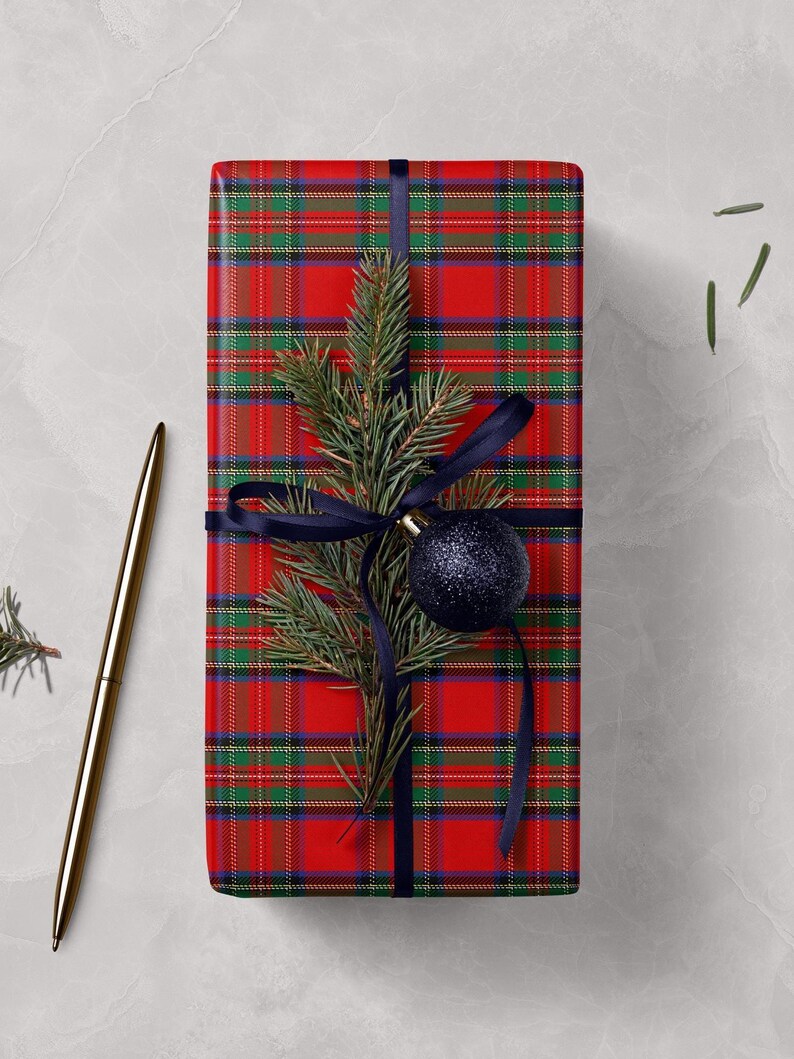 Vintage Christmas plaid tartan gift wrap in royal steward classic red, ideal for festive and preppy packaging.