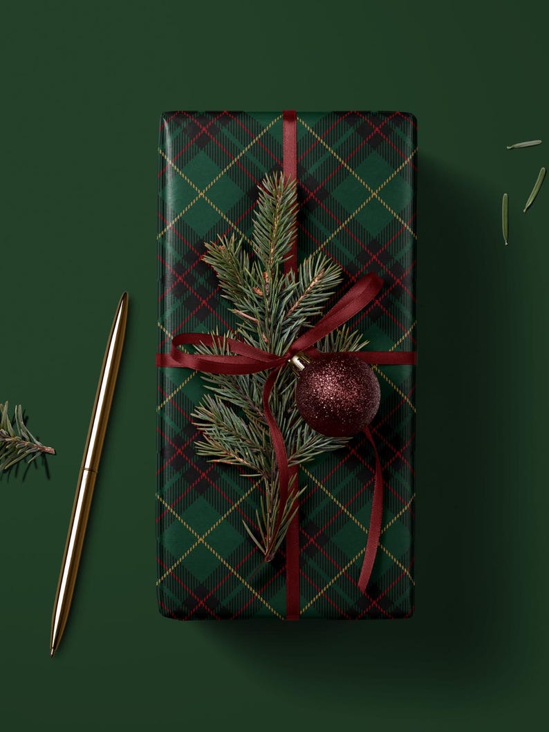 Wrapping Paper Green Tartan Plaid Paper. Dark green plaid wrapping paper featuring Christmas tartan pattern for a sophisticated holiday wrapping style.