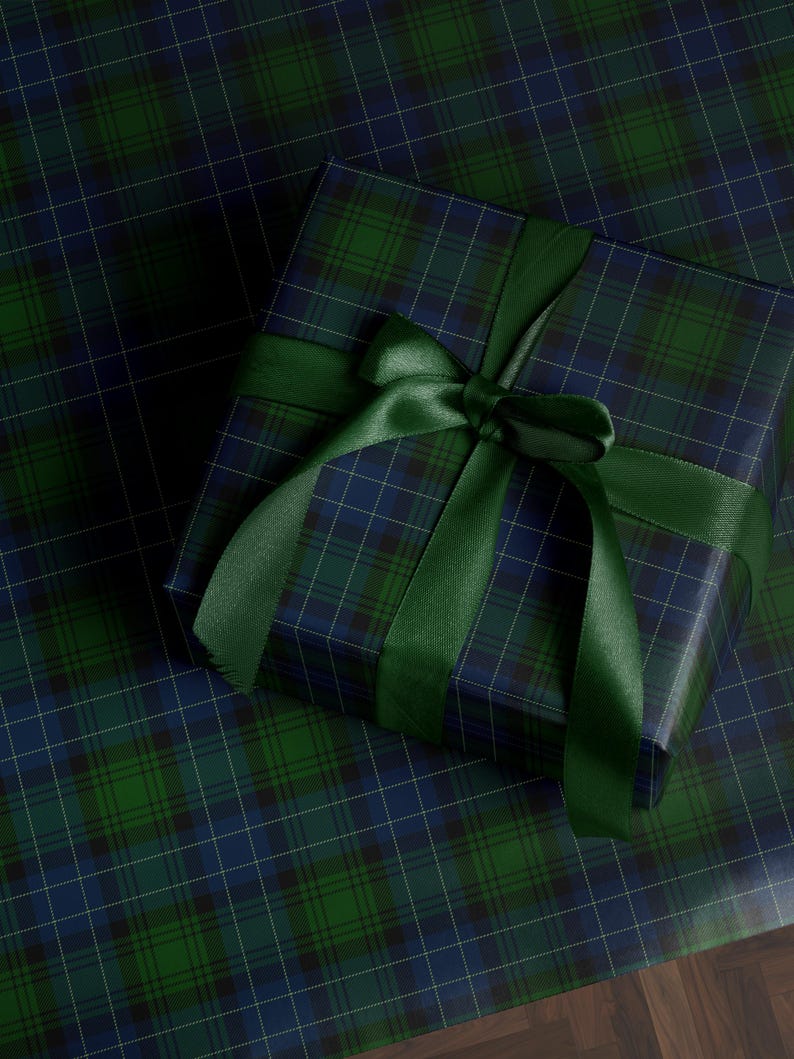 Green navy plaid wrapping paper for holiday gift wrap and Christmas presents