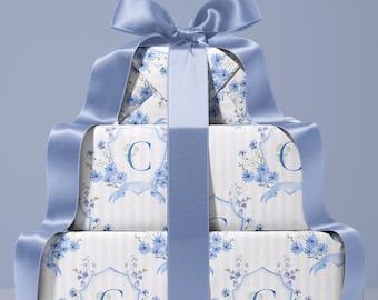 Blue Monogram Wrapping Paper Personalized Floral Wrapping Paper Baby Shower Monogram WrappingPaper Birthday Personalized Wrapping Paper Blue