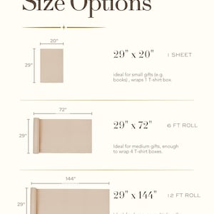 May include: An informational chart titled Size Options displaying three wrapping paper formats. The first is a 29 inch by 20 inch sheet. The second is a 29 inch by 72 inch roll. The third is a 29 inch by 144 inch roll. Each option includes dimensions.