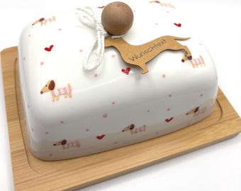 Handbemalte Butterdose "Dackelglück" in Rosa  – Keramik & Bambus, Unikat, Hundefreunde, Tierfreunde, Geschenkidee