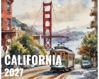 May include: A 2027 wall calendar featuring a watercolor illustration of the Golden Gate Bridge in San Francisco, California. The scene includes a green and yellow cable car on tracks in the foreground, with city buildings on both sides.