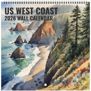 Calendario da parete 2026 con acquerello della costa occidentale degli Stati Uniti (per ordini negli Stati Uniti e in Canada - 8,5"x8,5") Calendario artistico naturalistico di 12 mesi con ispirazione