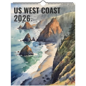 2026 US West Coast Watercolor Vertical Wall Calendar (for USA & Canada orders - Sizes: 8.5x11" + 11x16.5")  12-month aquarelle calendar